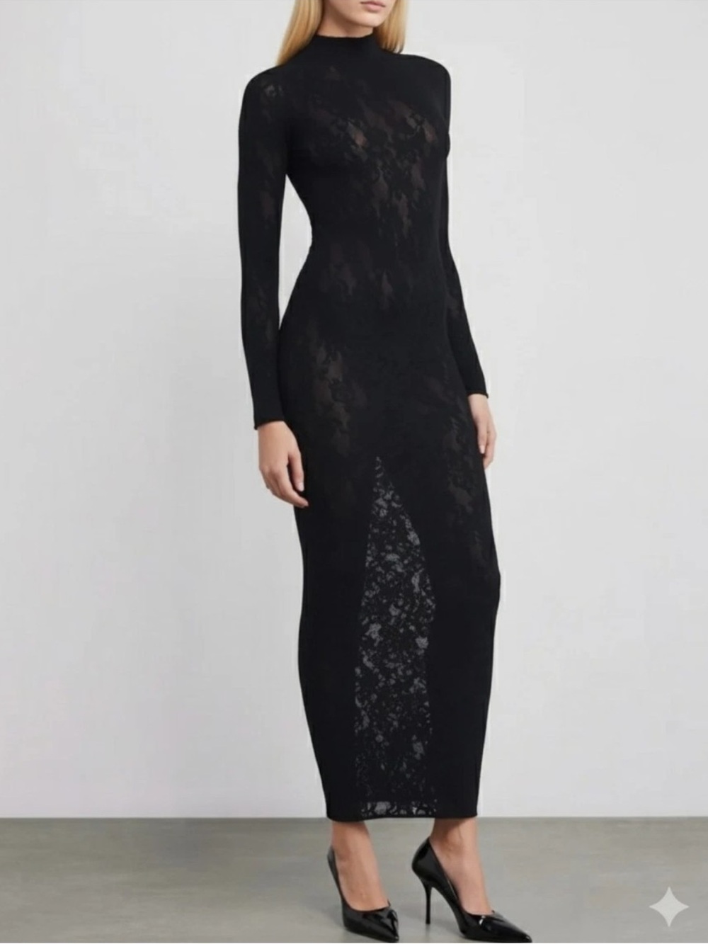 SKIMS *NWT KNIT LACE MOCK NECK LONG DRESS | COLOR: OBSIDIAN | SIZE: LXL - Picture 2 of 11